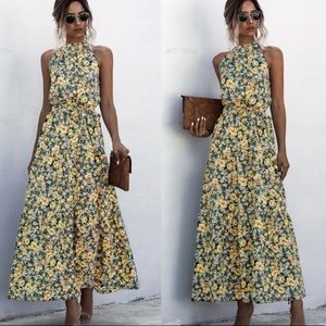 Boho floral print belted halter maxi dress